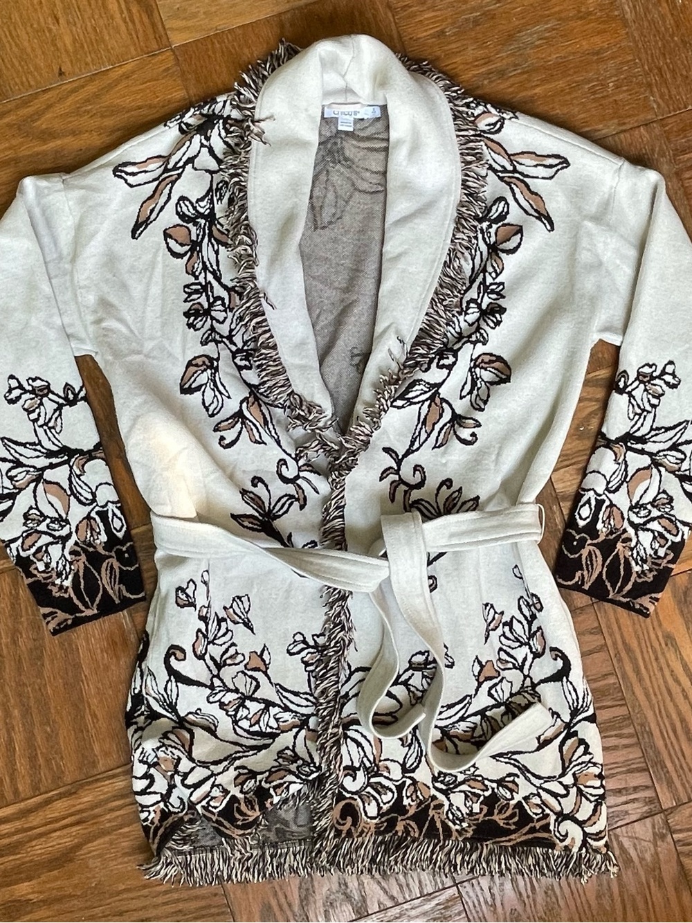 Floral Cardigan Sweater ~ Jacquard Fringe Wrap Sweater Large ~ Belted Bohemian
